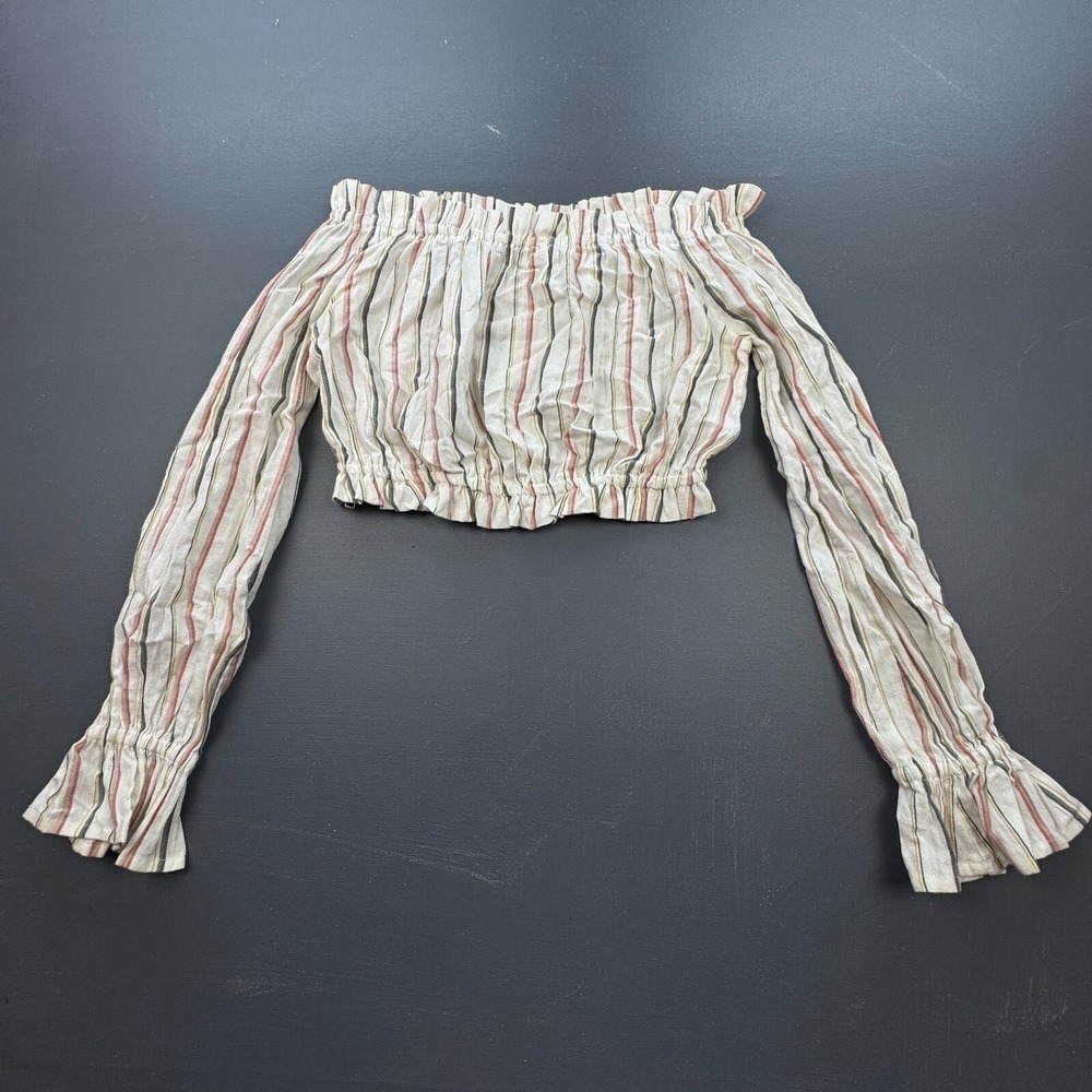 Billabong Women's M Striped Off Shoulder Boho Long Sleeve Peasant Blouse Topwear